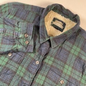 LL Bean Relaxed Fit Flannel Shirt Jacket Women Green Blue Plaid Sherpa Pockets L